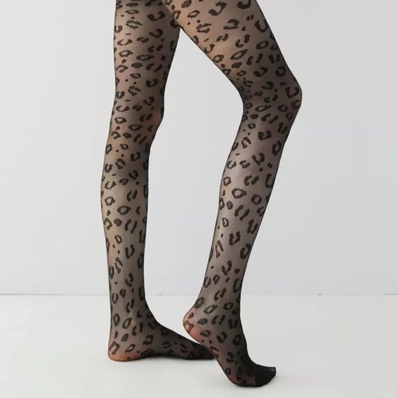URBAN OUTFITTERS Leopard Print Sheer Black Tights S/M - Picture 1 of 2